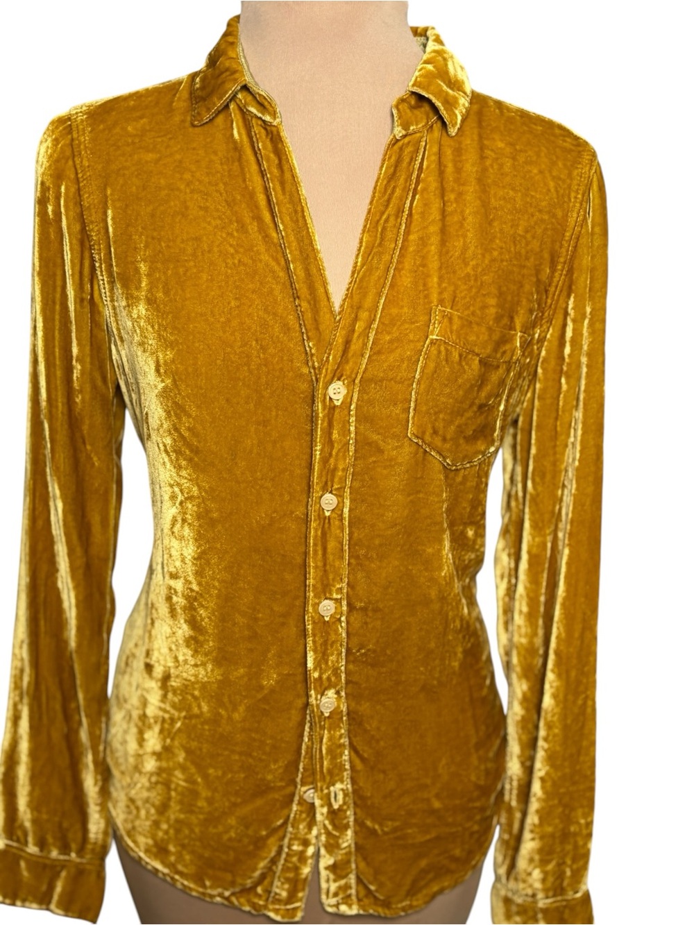CP Shades Gold Velvet Button Front Shirt Mustard XS